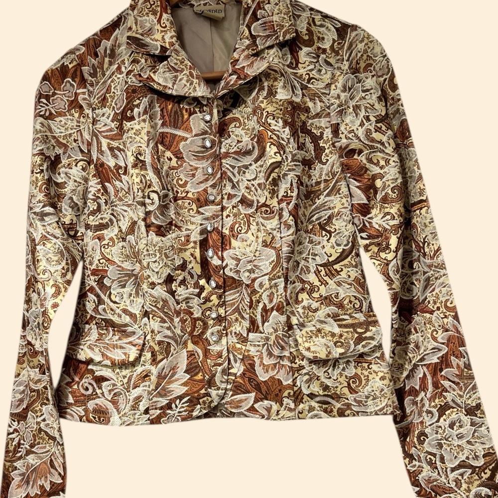 Cream and Brown Cropped Blazer with Earthy Tones Vintage Shiny Buttons Sz M